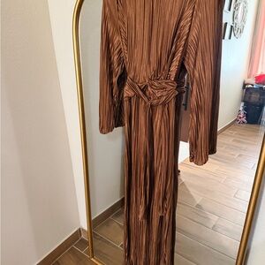 SHEIN Long Sleeve Brown Pleated Dress